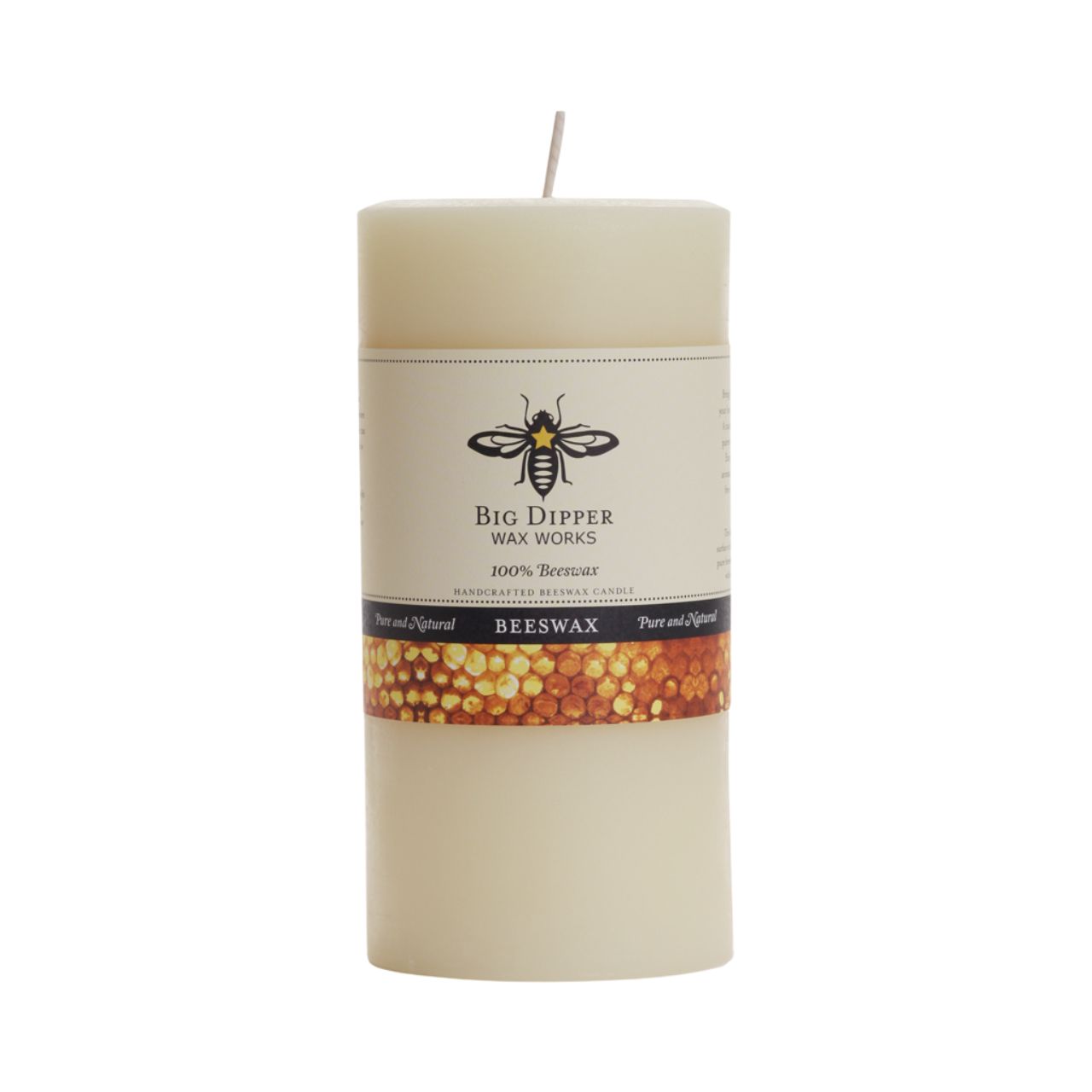 Big Dipper Wax Works Pure Beeswax Pillars in various sizes and colors, showcasing their elegant design and natural honey fragrance.