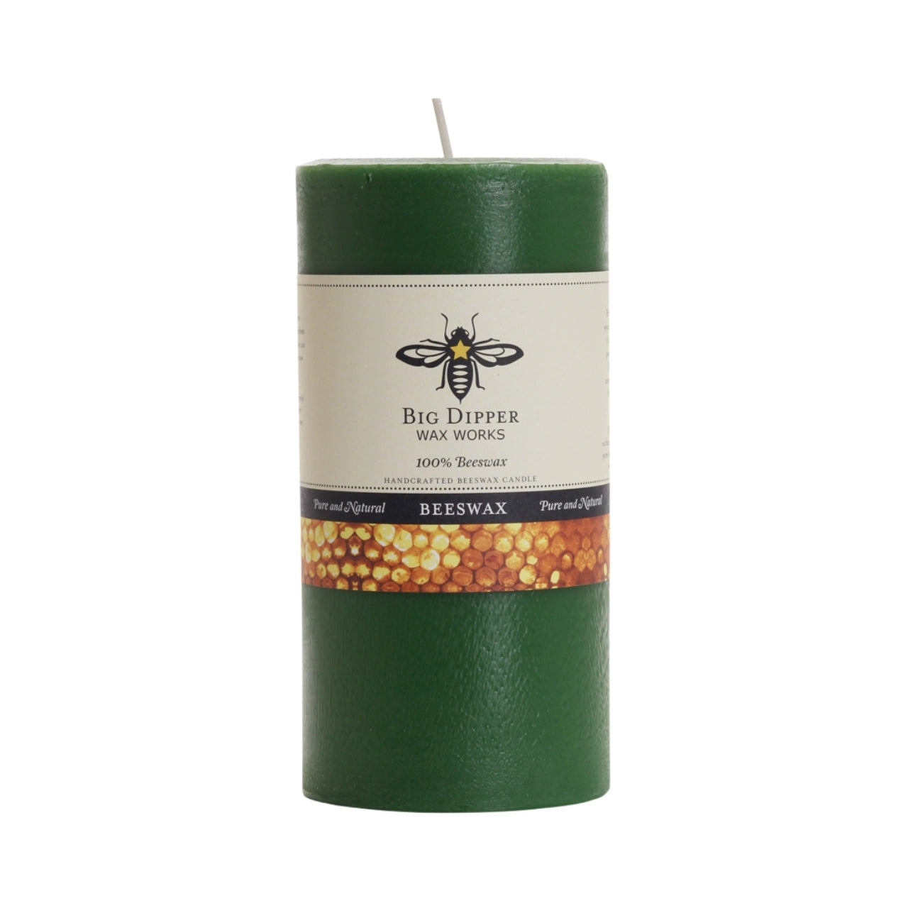 Big Dipper Wax Works Pure Beeswax Pillars in various sizes and colors, showcasing their elegant design and natural honey fragrance.