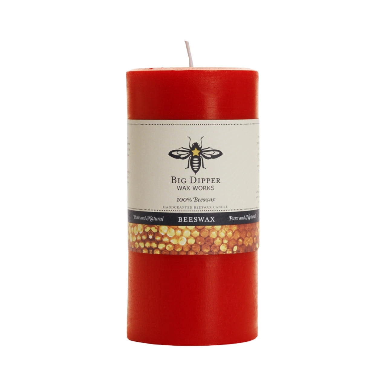 Big Dipper Wax Works Pure Beeswax Pillars in various sizes and colors, showcasing their elegant design and natural honey fragrance.