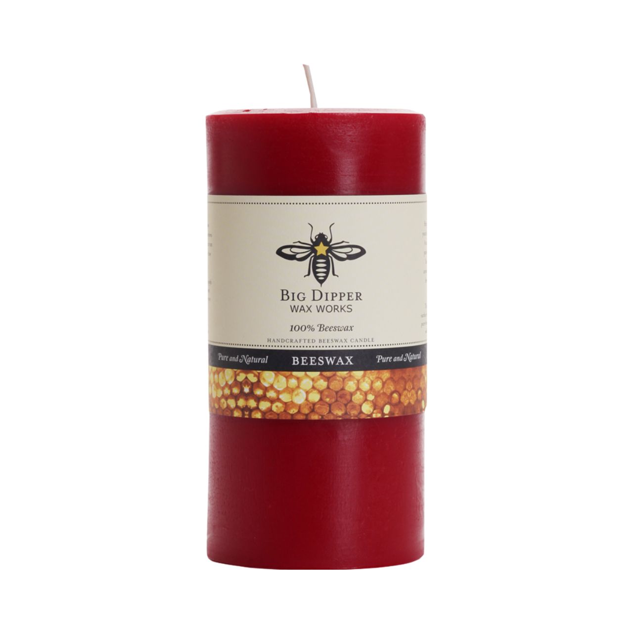 Big Dipper Wax Works Pure Beeswax Pillars in various sizes and colors, showcasing their elegant design and natural honey fragrance.