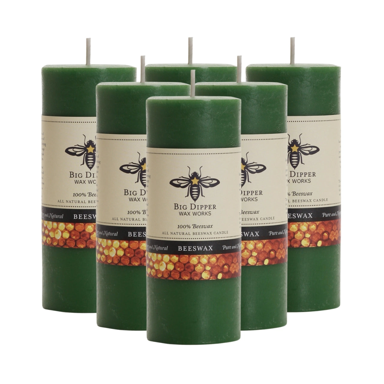 Big Dipper Wax Works Pure Beeswax Pillars in various sizes and colors, showcasing their elegant design and natural honey fragrance.