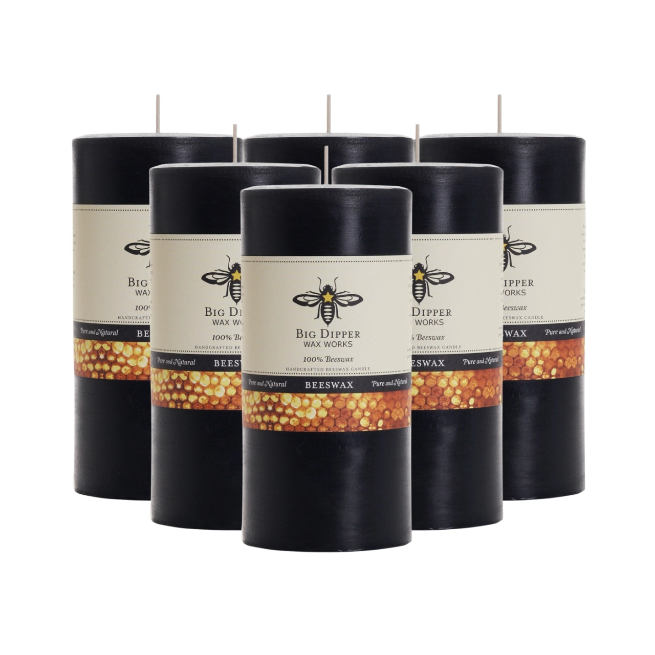 Big Dipper Wax Works Pure Beeswax Pillars in various sizes and colors, showcasing their elegant design and natural honey fragrance.