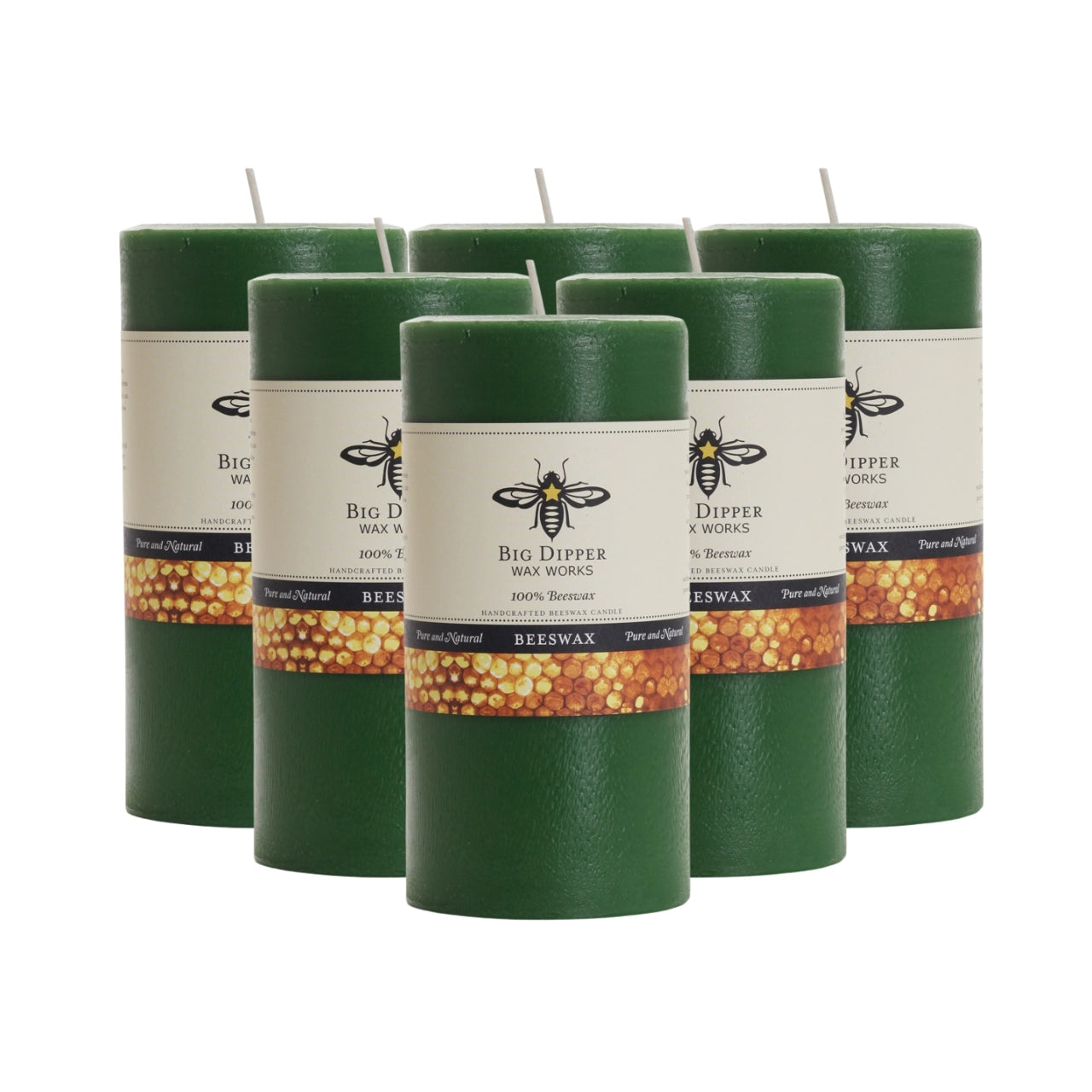 Big Dipper Wax Works Pure Beeswax Pillars in various sizes and colors, showcasing their elegant design and natural honey fragrance.