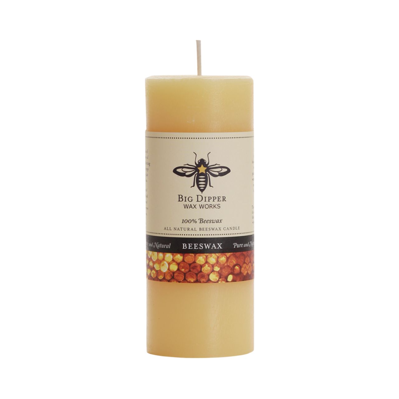 Big Dipper Wax Works Pure Beeswax Pillars in various sizes and colors, showcasing their elegant design and natural honey fragrance.