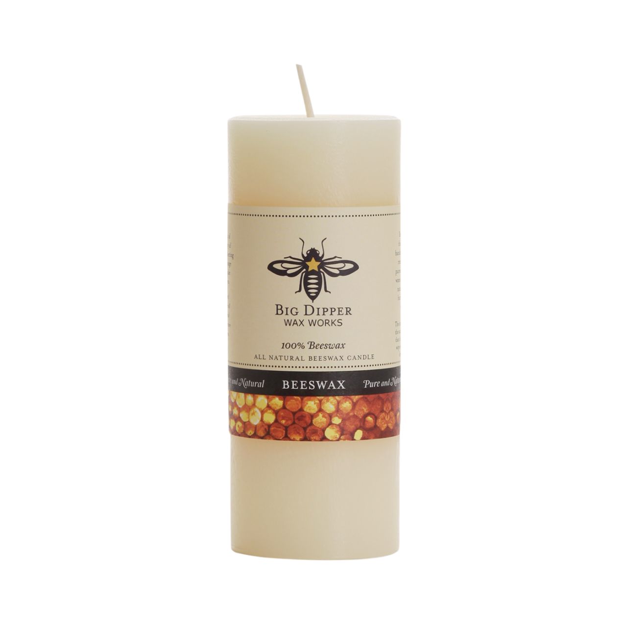 Big Dipper Wax Works Pure Beeswax Pillars in various sizes and colors, showcasing their elegant design and natural honey fragrance.