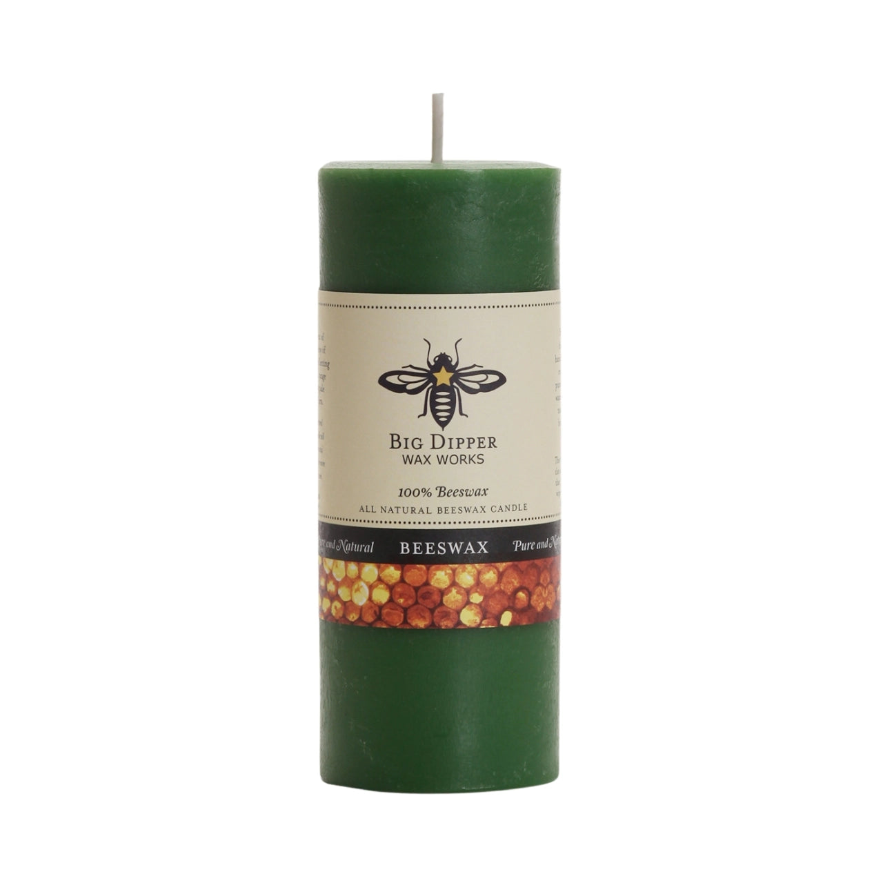 Big Dipper Wax Works Pure Beeswax Pillars in various sizes and colors, showcasing their elegant design and natural honey fragrance.