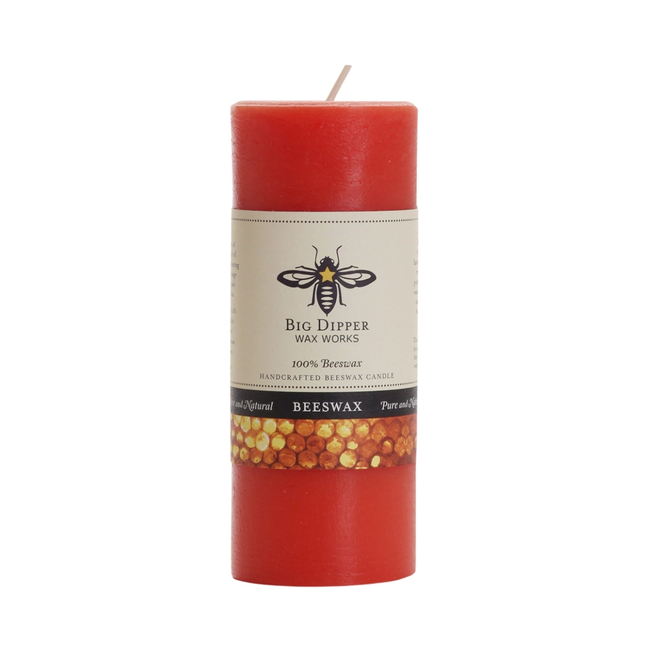 Big Dipper Wax Works Pure Beeswax Pillars in various sizes and colors, showcasing their elegant design and natural honey fragrance.