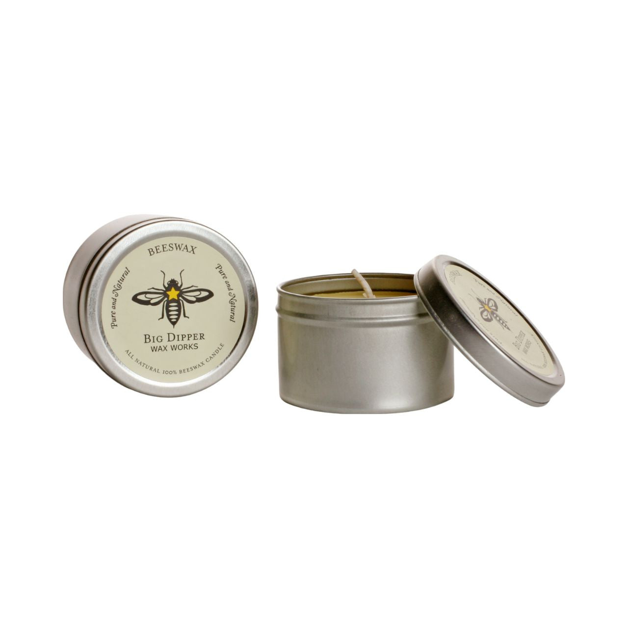 Big Dipper Wax Works Pure Beeswax Tins in recycled containers, showcasing their eco-friendly design and natural honey fragrance.