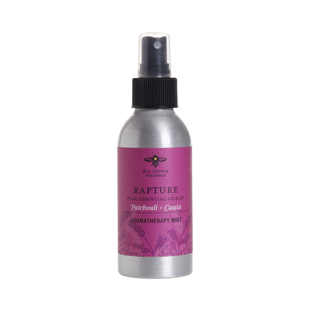 Big Dipper Wax Works Rapture Aromatherapy Mist in a sleek aluminum bottle, showcasing its natural essential oil blend.