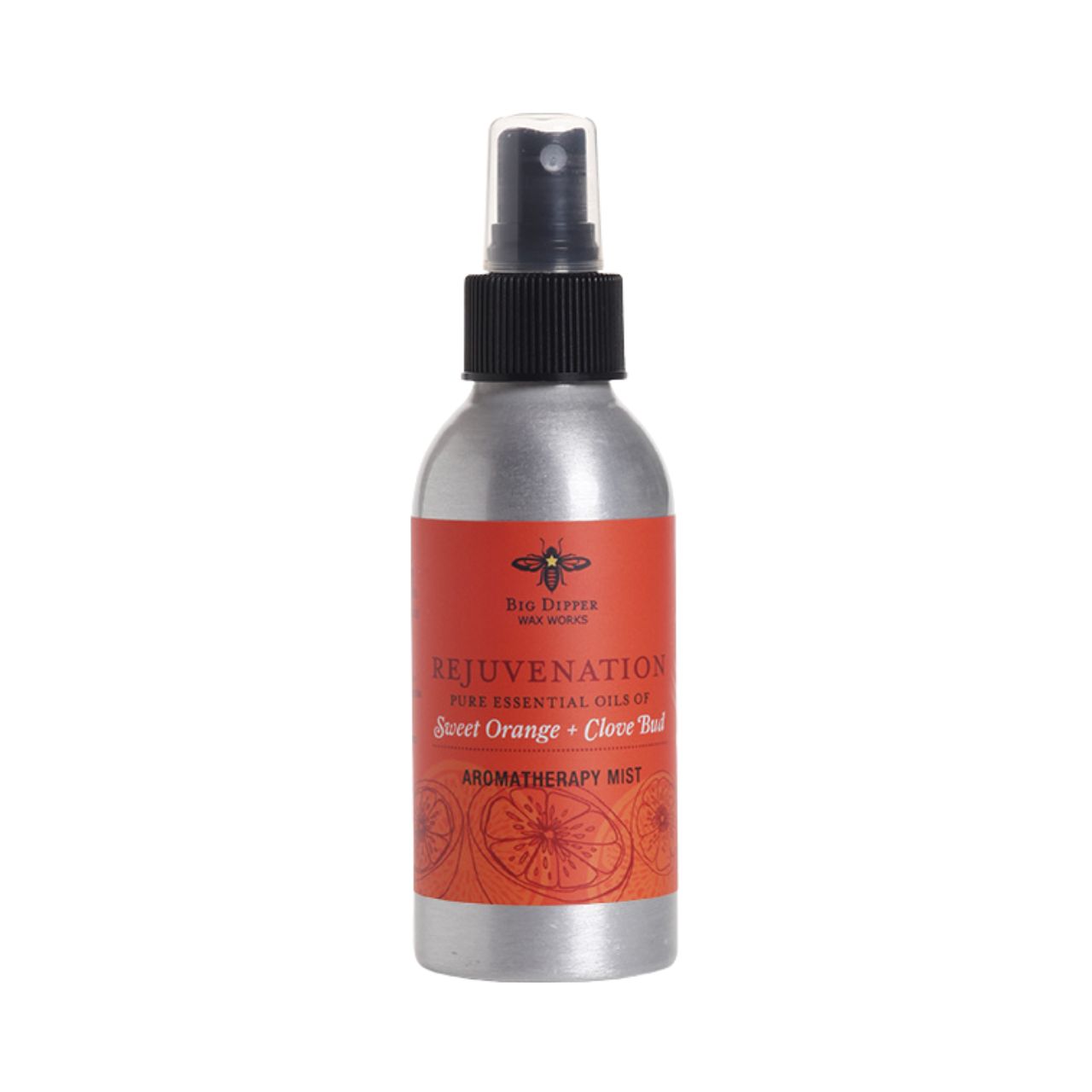 Big Dipper Wax Works Rejuvenation Aromatherapy Mist in a sleek aluminum spray bottle, featuring a blend of Sweet Orange and Clove Bud essential oils.