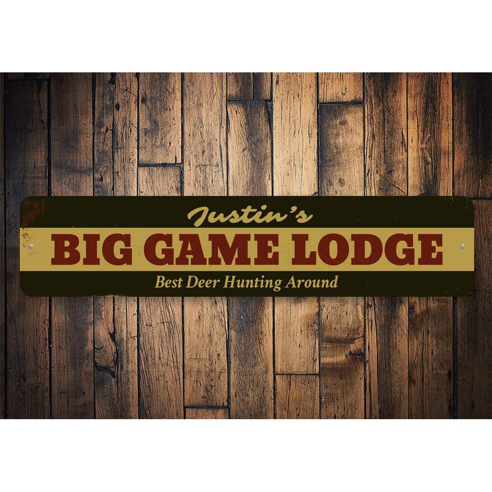 Big Game Lodge Sign made of high-quality aluminum, featuring customizable text and pre-drilled holes for easy mounting.