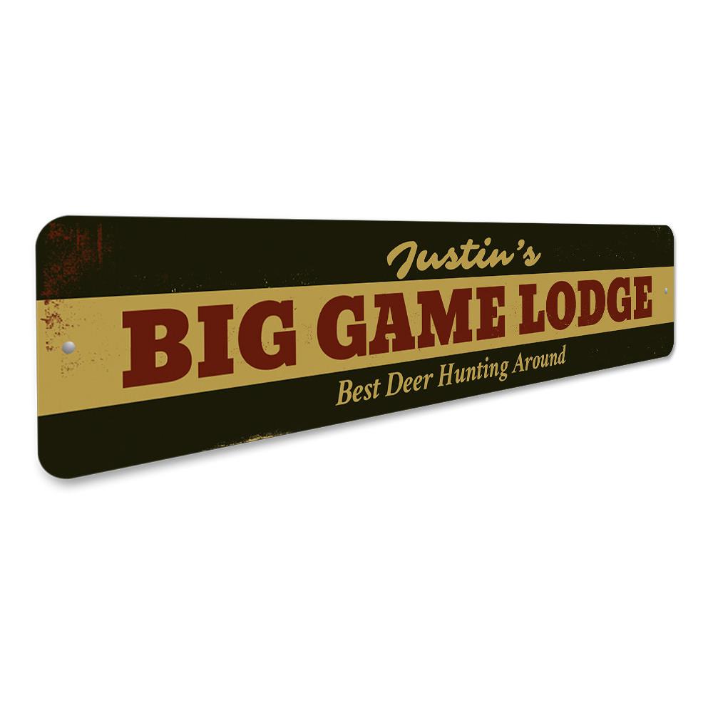 Big Game Lodge Sign made of high-quality aluminum, featuring customizable text and pre-drilled holes for easy mounting.