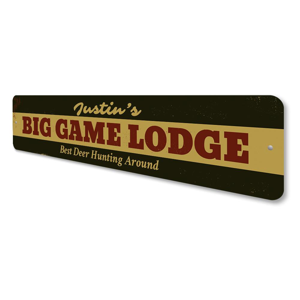 Big Game Lodge Sign made of high-quality aluminum, featuring customizable text and pre-drilled holes for easy mounting.