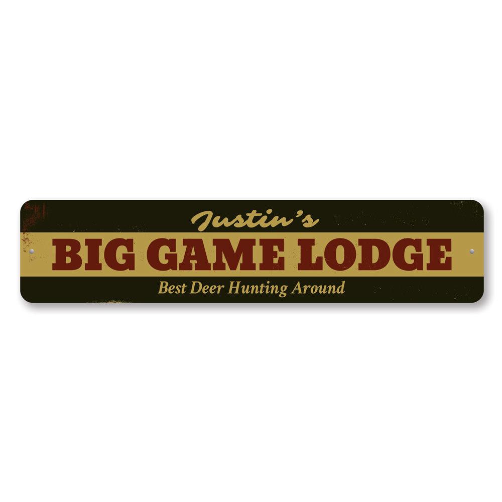 Big Game Lodge Sign made of high-quality aluminum, featuring customizable text and pre-drilled holes for easy mounting.