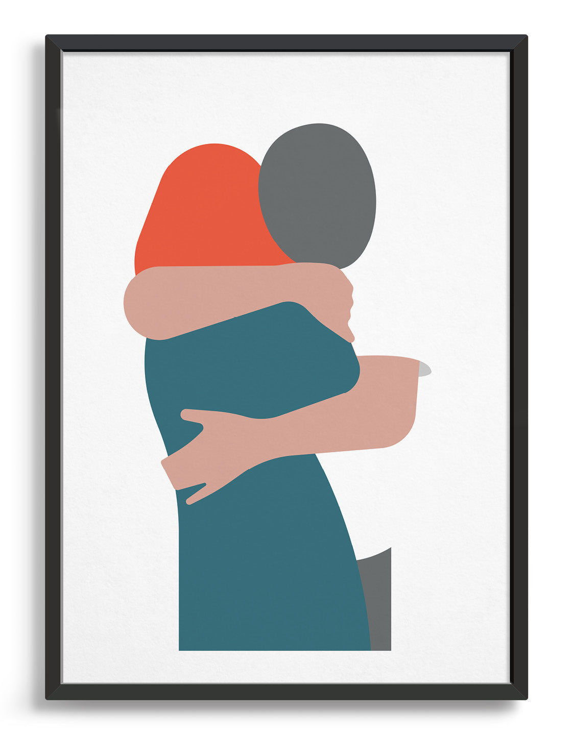 A minimalist print of a hugging couple in white and pink, symbolizing love and connection.