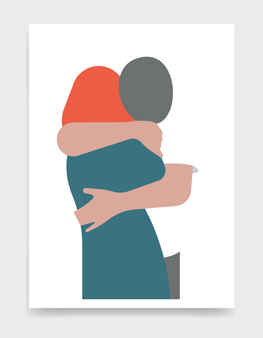 A minimalist print of a hugging couple in white and pink, symbolizing love and connection.