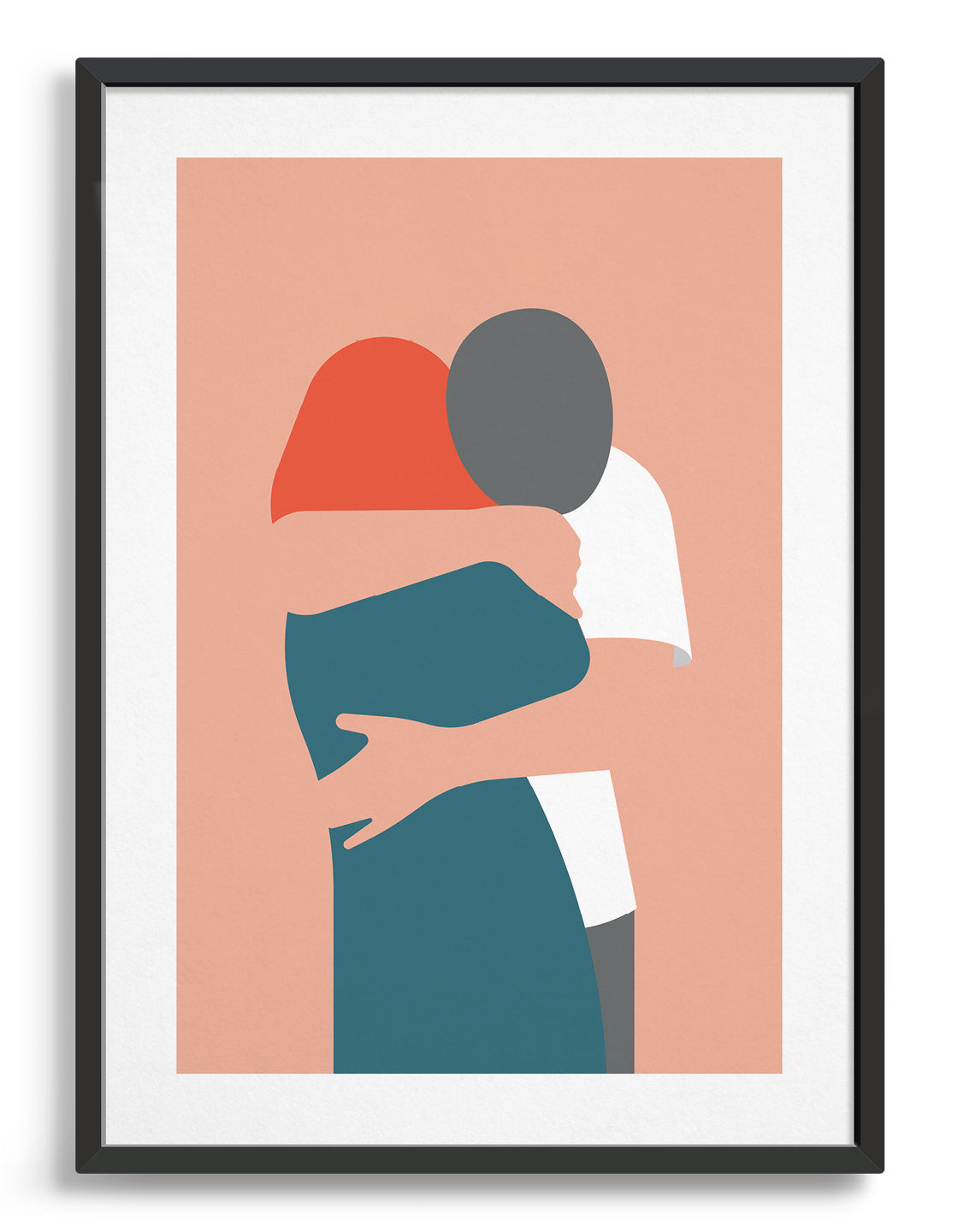 A minimalist print of a hugging couple in white and pink, symbolizing love and connection.