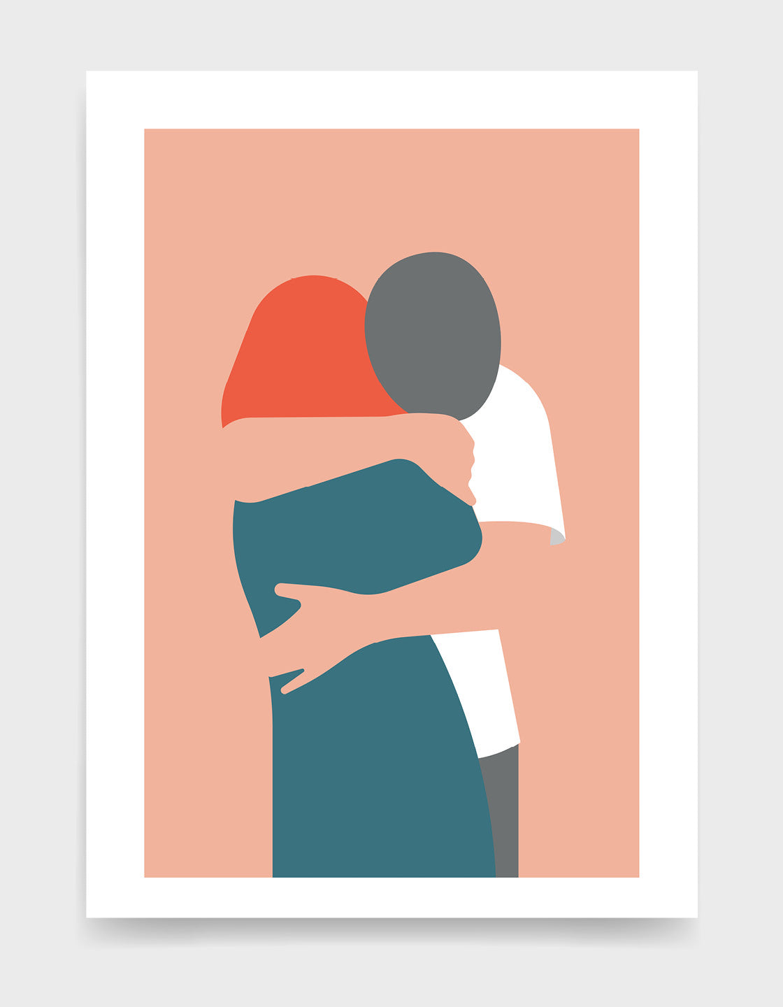 A minimalist print of a hugging couple in white and pink, symbolizing love and connection.