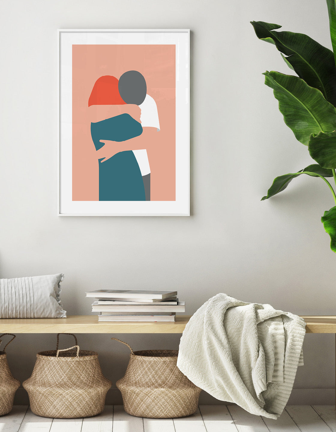 A minimalist print of a hugging couple in white and pink, symbolizing love and connection.