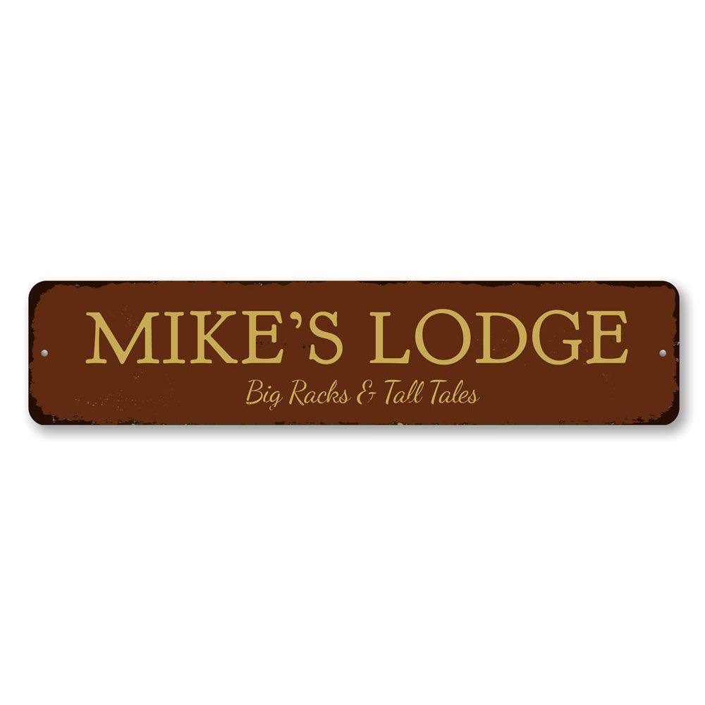 Big Racks & Tall Tales Lodge Sign made of high-quality aluminum, featuring customizable text for a personal touch, ideal for home decor.