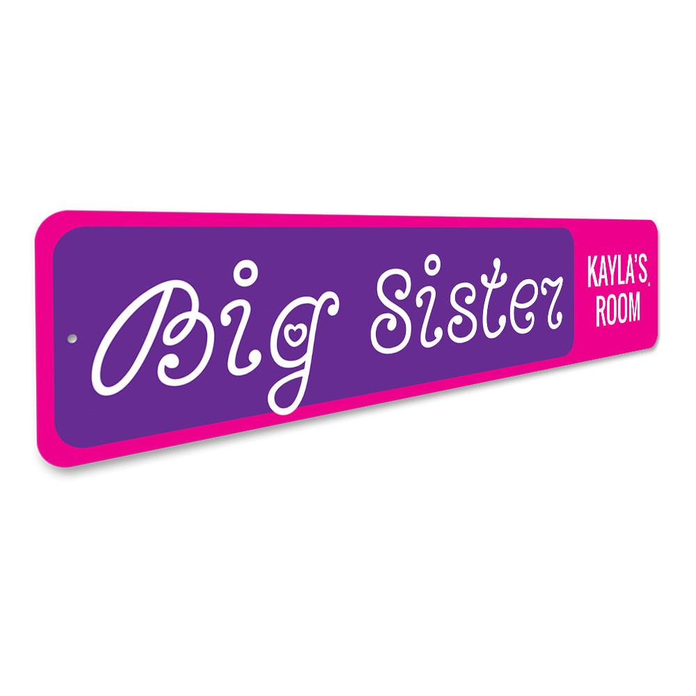 Big Sisters Room Sign made of durable aluminum, featuring customizable text for a personalized touch in a child's room.