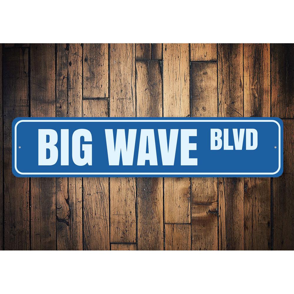 Big Wave Blvd Sign made of high-quality aluminum, featuring a vibrant beach-themed design, perfect for coastal decor.