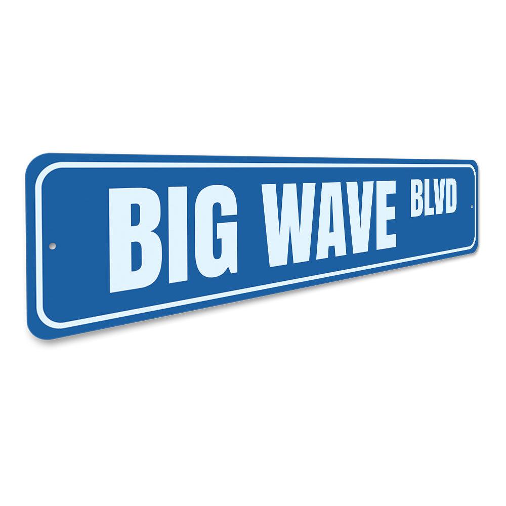 Big Wave Blvd Sign made of high-quality aluminum, featuring a vibrant beach-themed design, perfect for coastal decor.