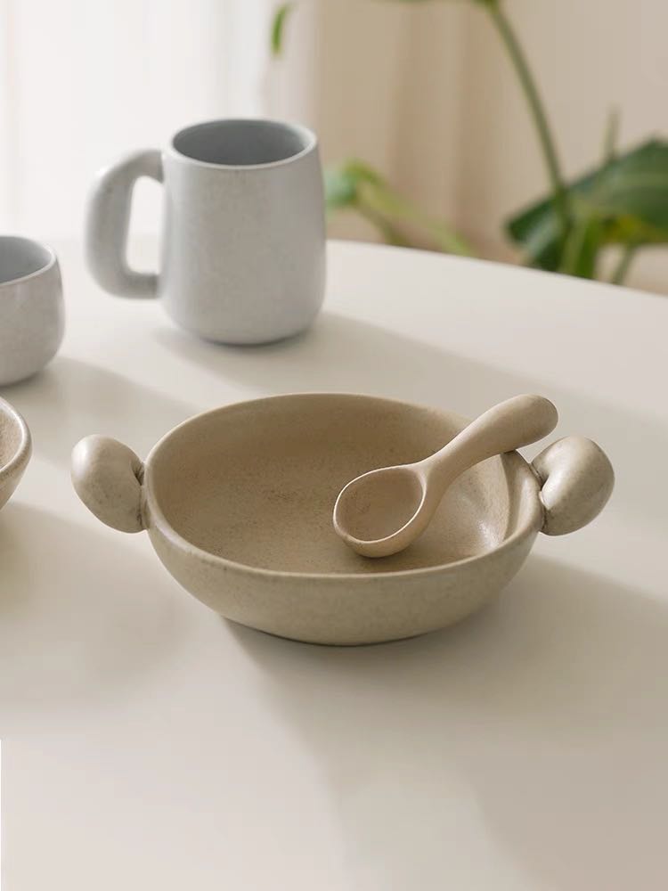 Big-ears Ceramic Pasta Bowl featuring playful design with rounded shapes and big ears, handcrafted in sandy and glacier colors.