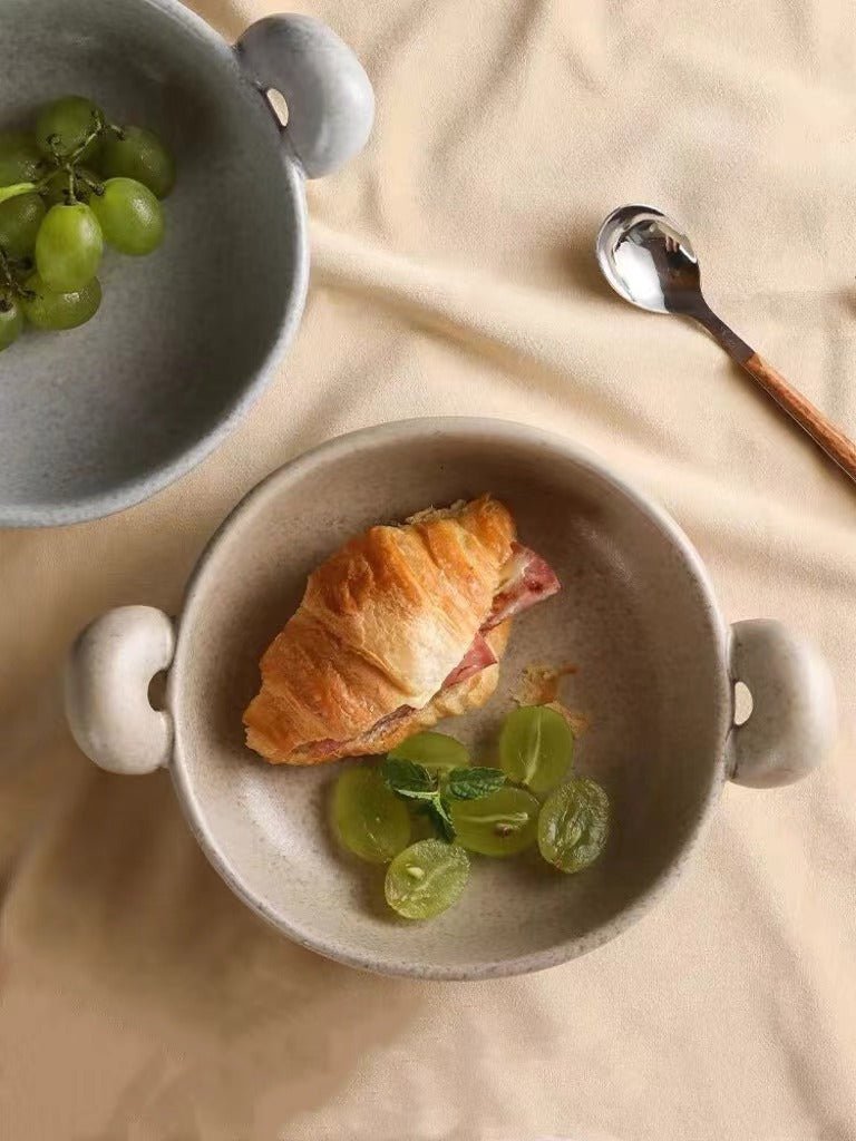 Big-ears Ceramic Pasta Bowl featuring playful design with rounded shapes and big ears, handcrafted in sandy and glacier colors.