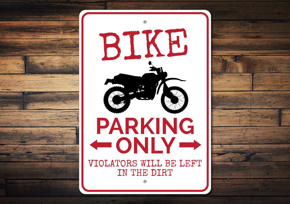 A durable aluminum Bike Parking Sign featuring customizable text and pre-drilled holes for easy mounting, perfect for motorcycle and bike parking.