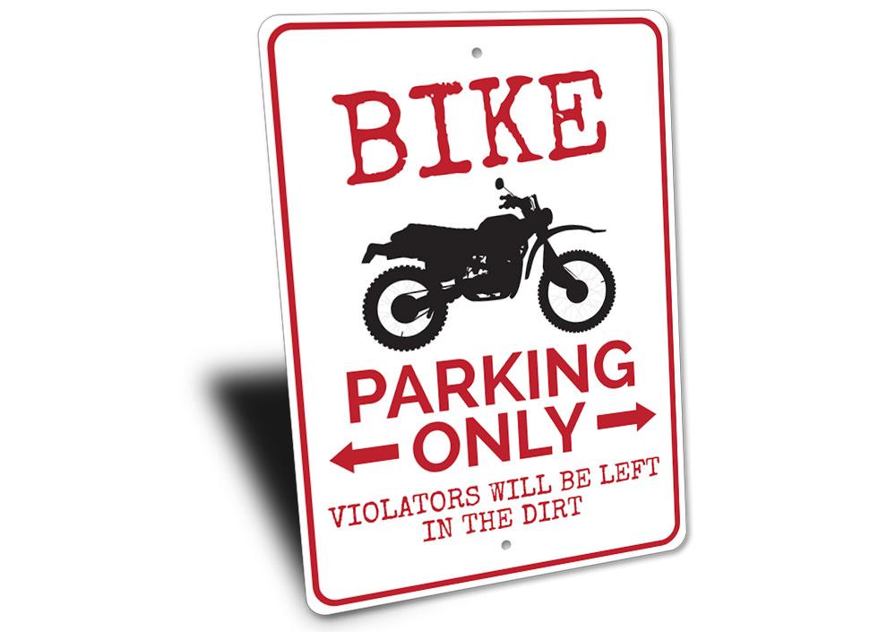 A durable aluminum Bike Parking Sign featuring customizable text and pre-drilled holes for easy mounting, perfect for motorcycle and bike parking.