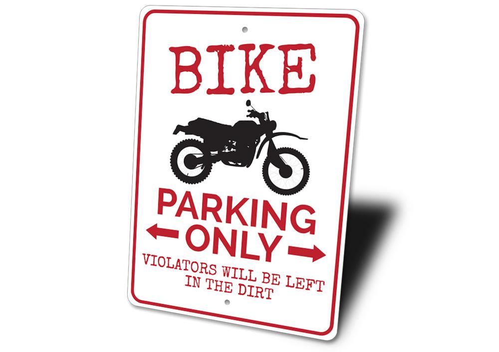 A durable aluminum Bike Parking Sign featuring customizable text and pre-drilled holes for easy mounting, perfect for motorcycle and bike parking.