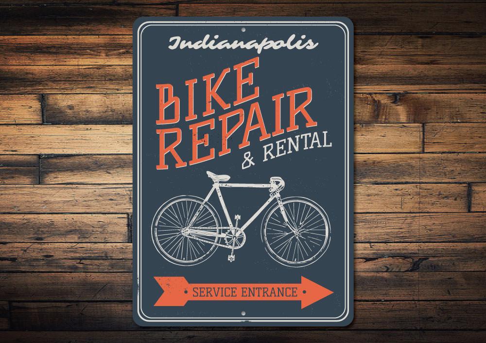 Customizable Bike Repair Sign made of durable aluminum, featuring pre-drilled holes for easy mounting.