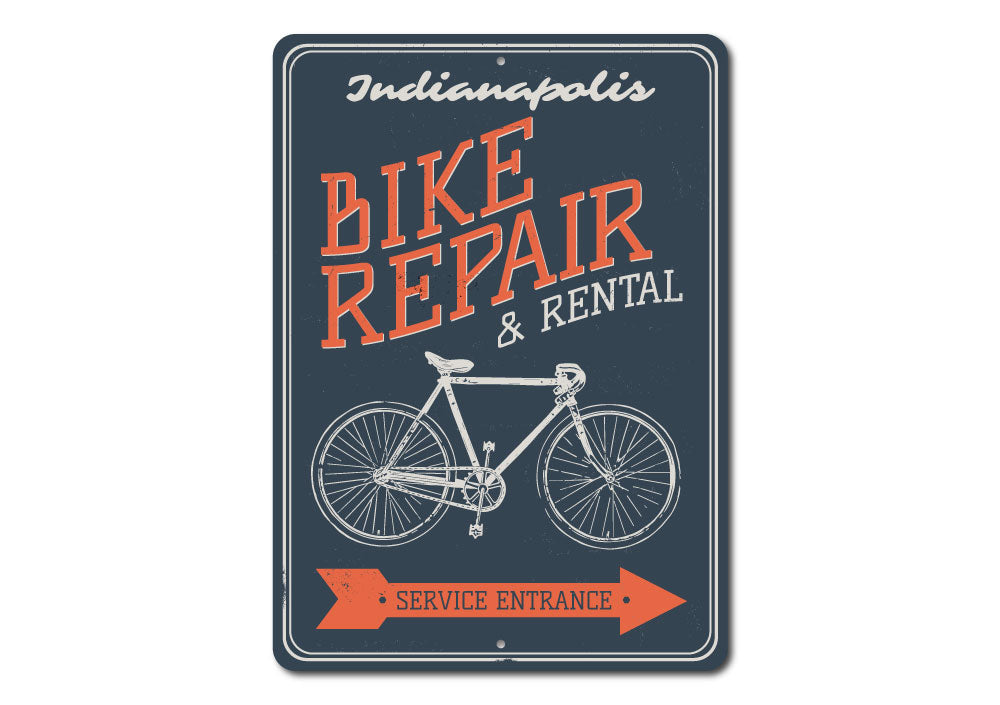 Customizable Bike Repair Sign made of durable aluminum, featuring pre-drilled holes for easy mounting.