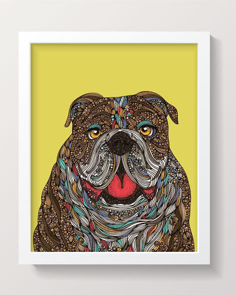 Bill the English Bulldog Art Print featuring a charming pen and ink illustration with vibrant digital coloring, perfect for dog lovers.