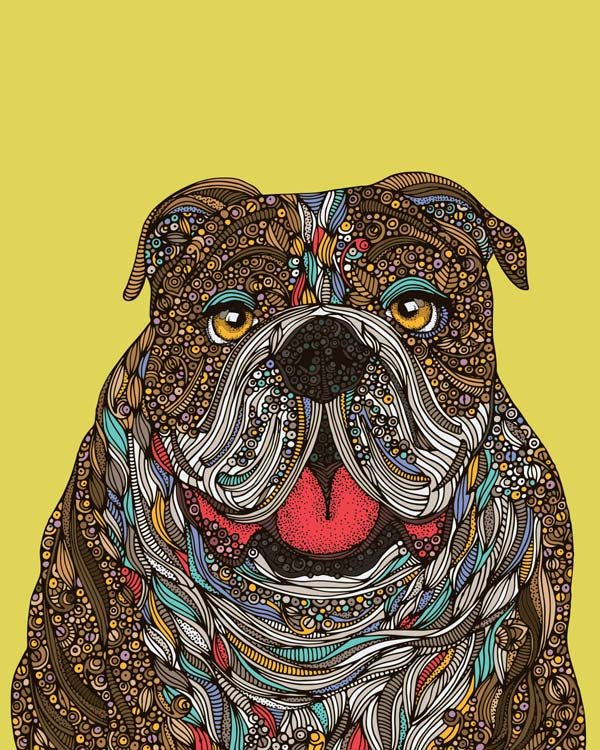 Bill the English Bulldog Art Print featuring a charming pen and ink illustration with vibrant digital coloring, perfect for dog lovers.