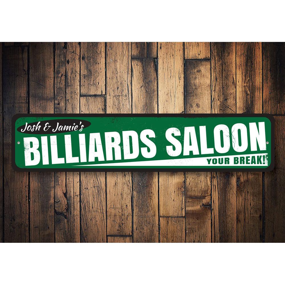 Custom Billiards Saloon Sign made of high-quality aluminum, featuring personalized text options, perfect for game rooms and man caves.