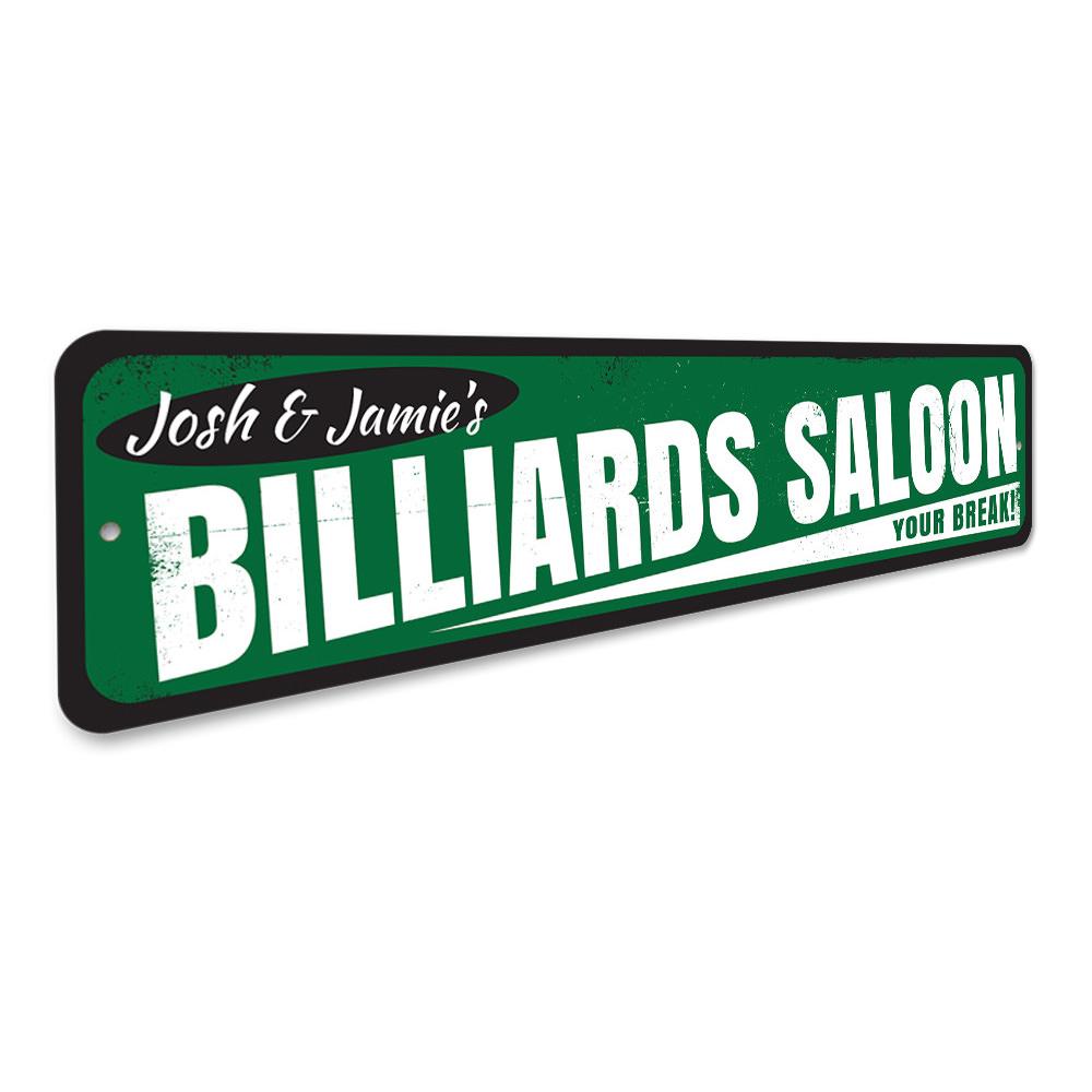 Custom Billiards Saloon Sign made of high-quality aluminum, featuring personalized text options, perfect for game rooms and man caves.