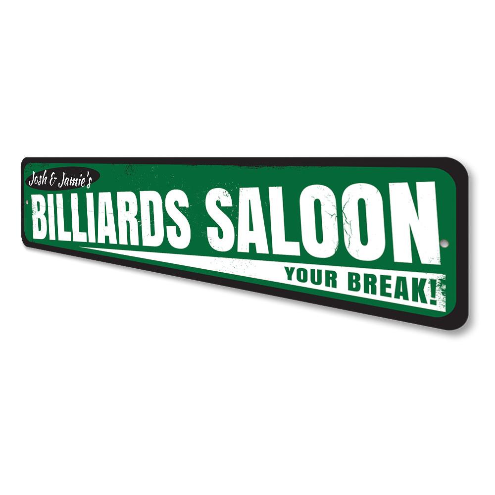 Custom Billiards Saloon Sign made of high-quality aluminum, featuring personalized text options, perfect for game rooms and man caves.