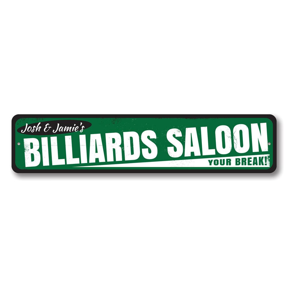 Custom Billiards Saloon Sign made of high-quality aluminum, featuring personalized text options, perfect for game rooms and man caves.