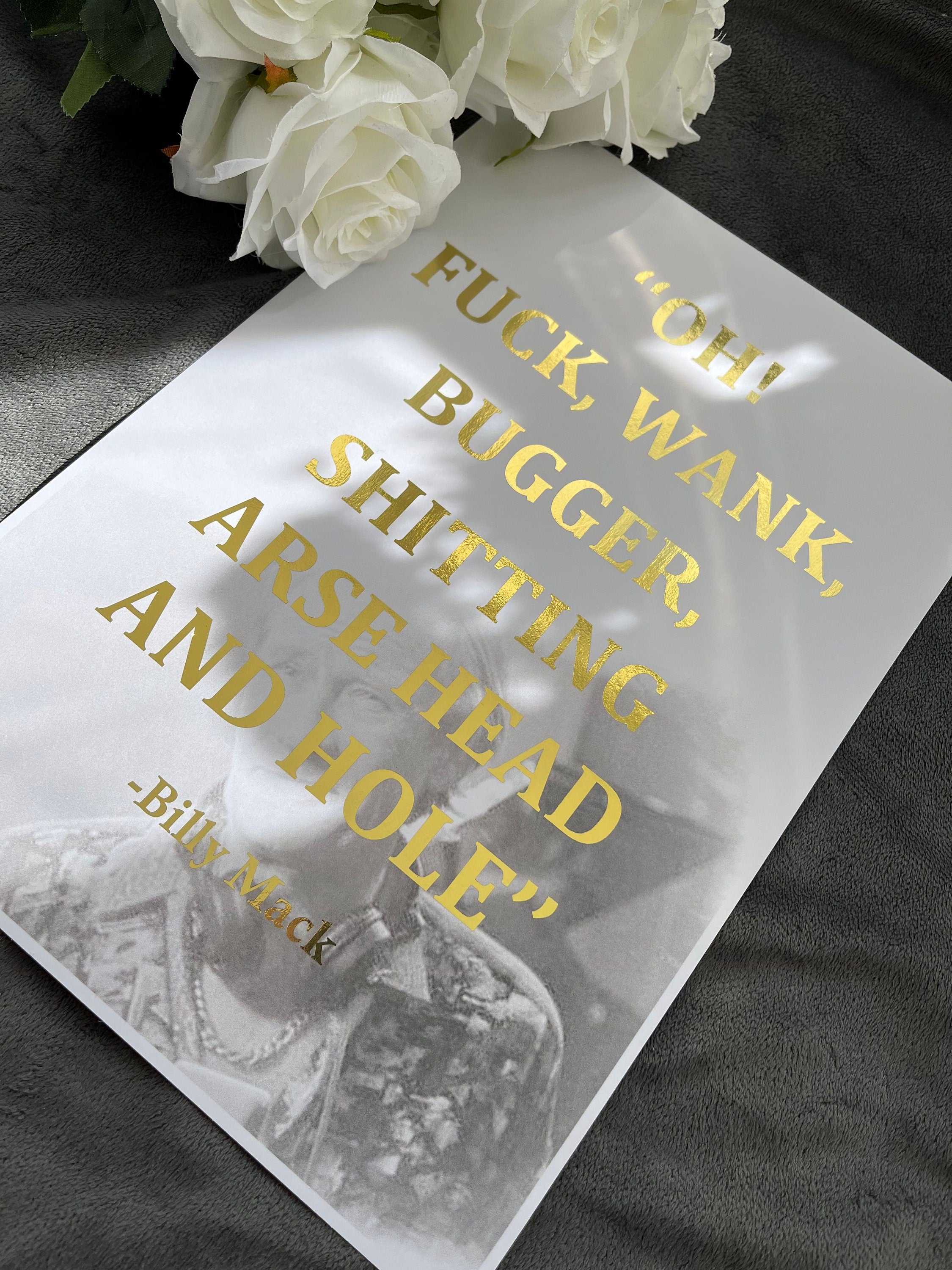 Billy Mack Rude Foil Print featuring a humorous quote from 'Love Actually', elegantly designed with a shiny foil finish.