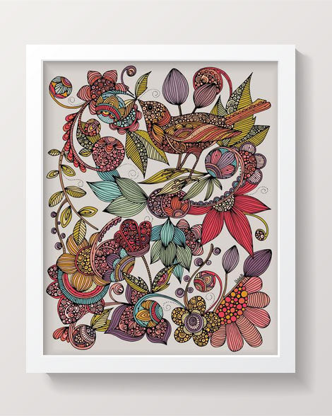 An archival art print featuring a bird surrounded by colorful flowers, showcasing intricate pen and ink details with vibrant digital coloring.