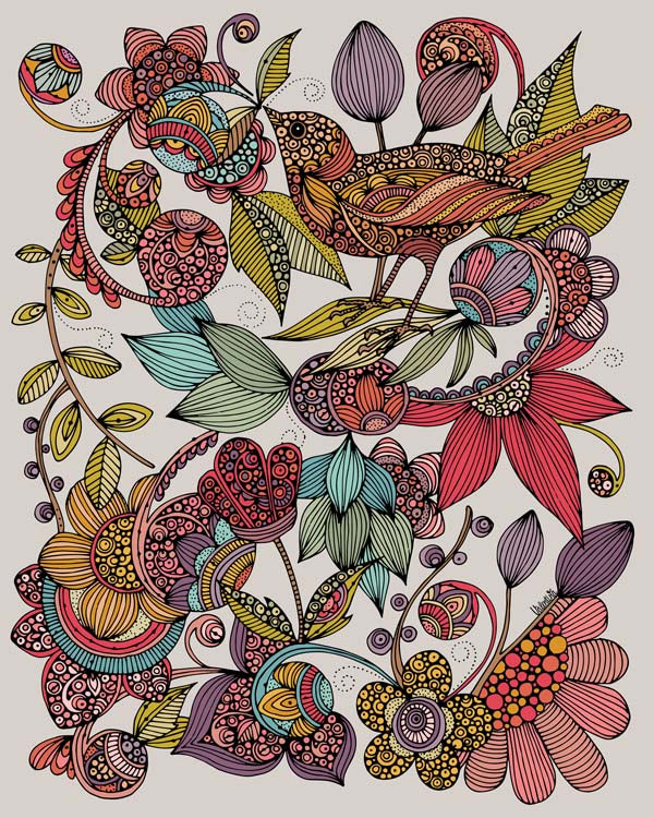 An archival art print featuring a bird surrounded by colorful flowers, showcasing intricate pen and ink details with vibrant digital coloring.