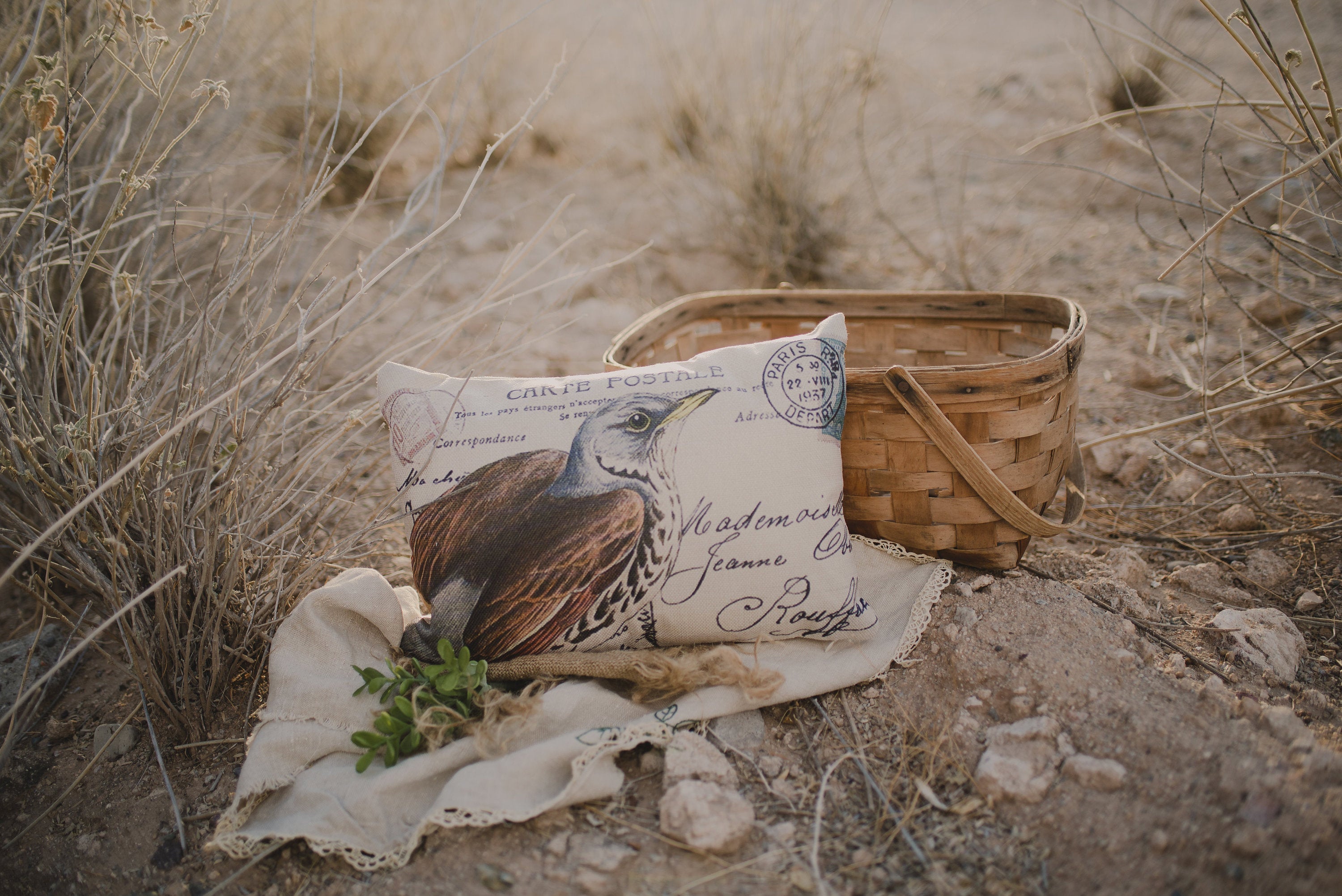 Handmade brown bird pillow cover featuring a vintage design on a postcard, measuring 18x12 inches, with a concealed zipper.