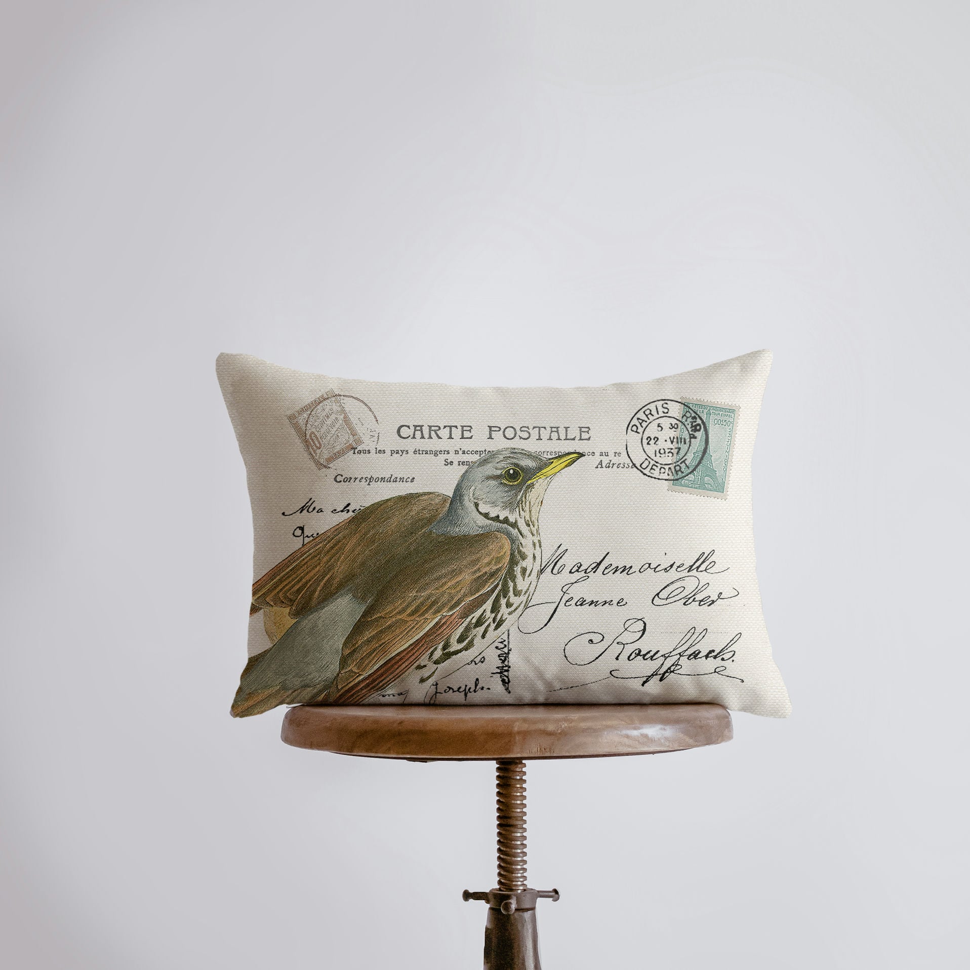 Handmade brown bird pillow cover featuring a vintage design on a postcard, measuring 18x12 inches, with a concealed zipper.