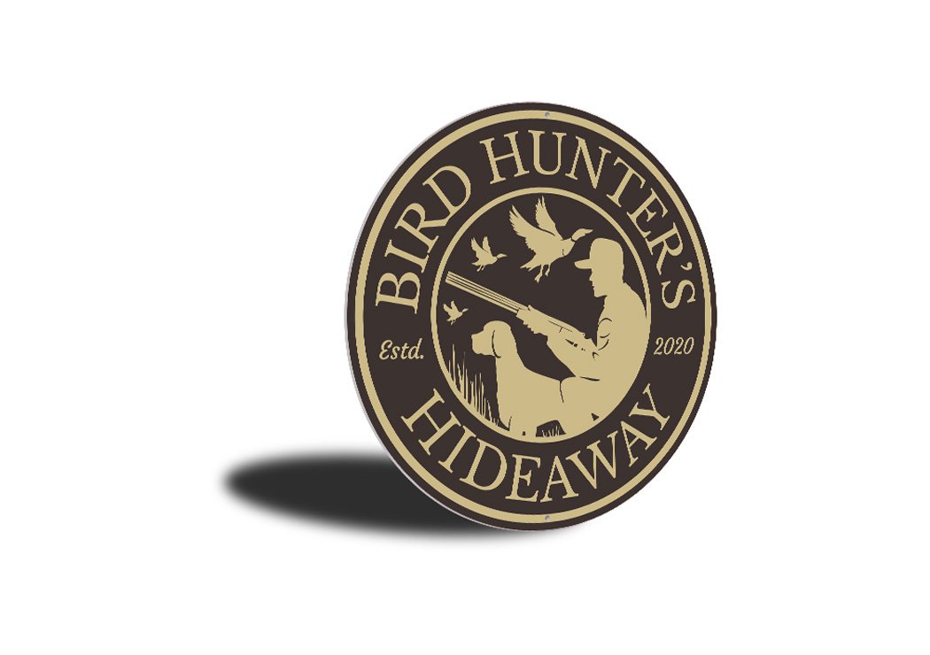 Bird Hunter's Hideaway Cabin Estd. Year Sign made of high-quality aluminum, featuring customizable text and pre-drilled holes for easy mounting.