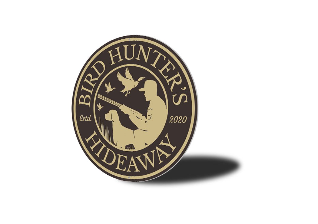 Bird Hunter's Hideaway Cabin Estd. Year Sign made of high-quality aluminum, featuring customizable text and pre-drilled holes for easy mounting.