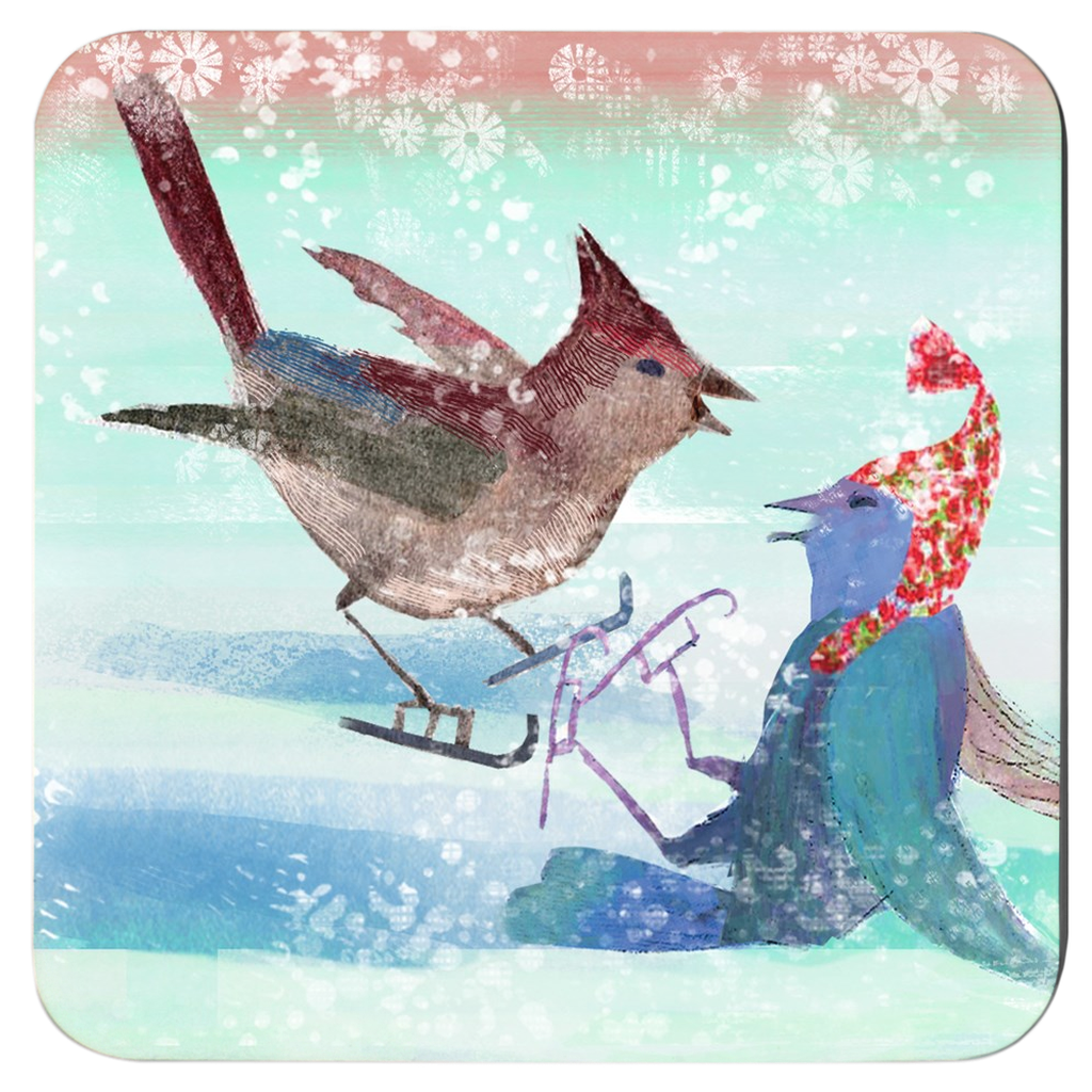 Set of 4 Birds on Ice Coasters featuring a winter bird design on durable masonite hardboard with a cork bottom.