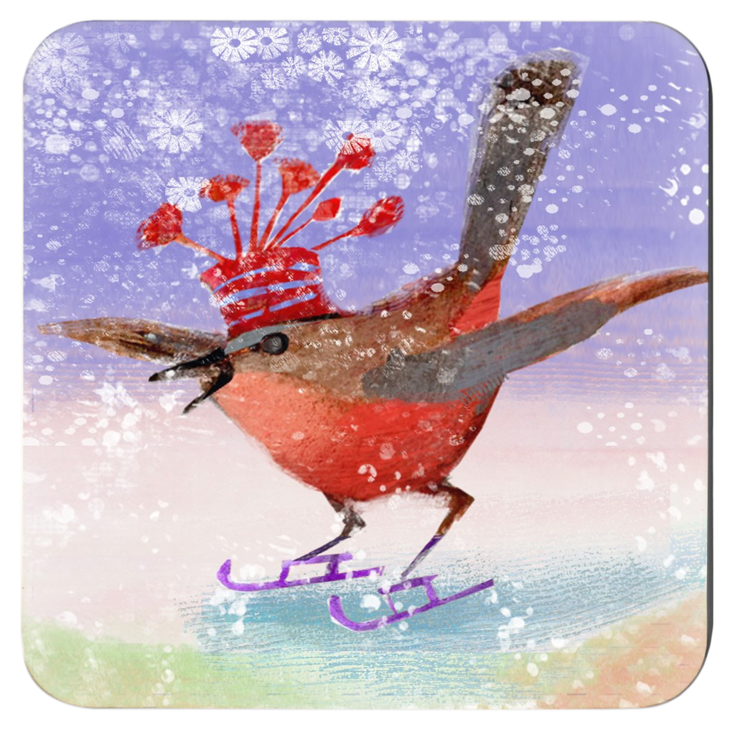 Set of 4 Birds on Ice Coasters featuring a winter bird design on durable masonite hardboard with a cork bottom.