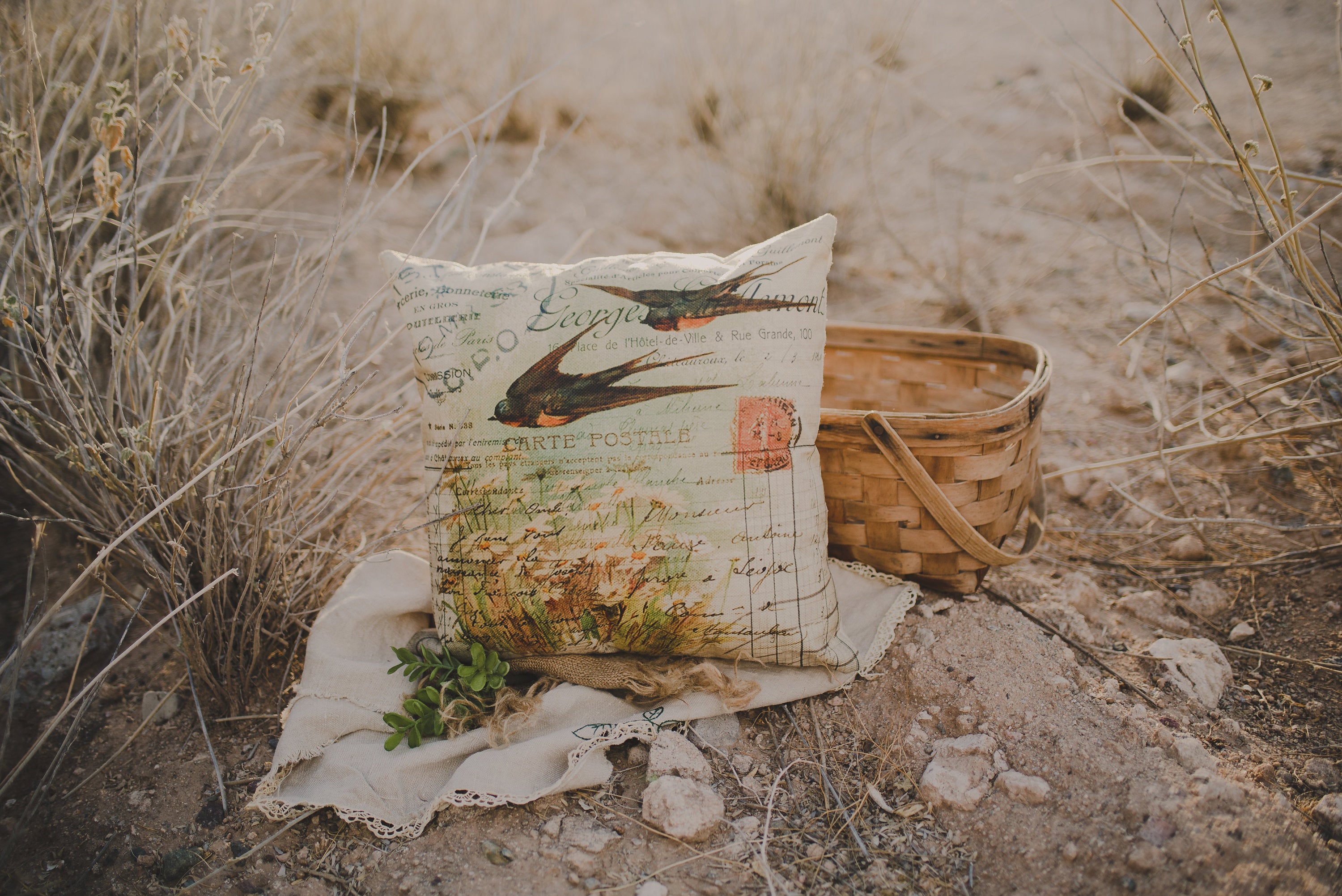 Handmade Birds Pillow Cover featuring two sparrows in flight above a field of flowers, perfect for farmhouse decor.